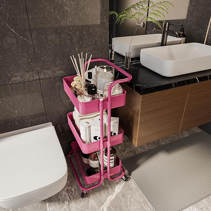 3-Tier Metal Rolling Cart with Wheels, Hot Pink Utility Storage Cart, Multifunctional Organizer Storage for Kitchen, Bedroom, Office, Laundry Room, Dorm Room Essentials (Rose red)