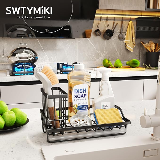 SWTYMIKI Large Sink Caddy Kitchen Sink Organizer with Detachable Brush Holder, Stainless Steel Sponge Holder with Removable Drip Tray Sponge Caddy for Kitchen Countertop, Black