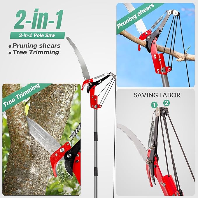 Suchtale Manual Pole Saw, Pruning Saw, Tree Pruner with Steel Blade & Scissors, Tree Trimmer for High Branches,Palms and Shrubs, 14FT Extendable Long Handle Limb Cutter, Yard Garden Branch Trimming
