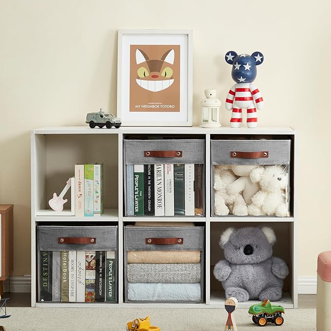 Storage Cube Organizer with Clear Window, Linen Collapsible Storage Boxes with PU Handles, Cube Storage Bins for Shelf, Closet, Cabinet, Bookcase (13x13x13, Gray)