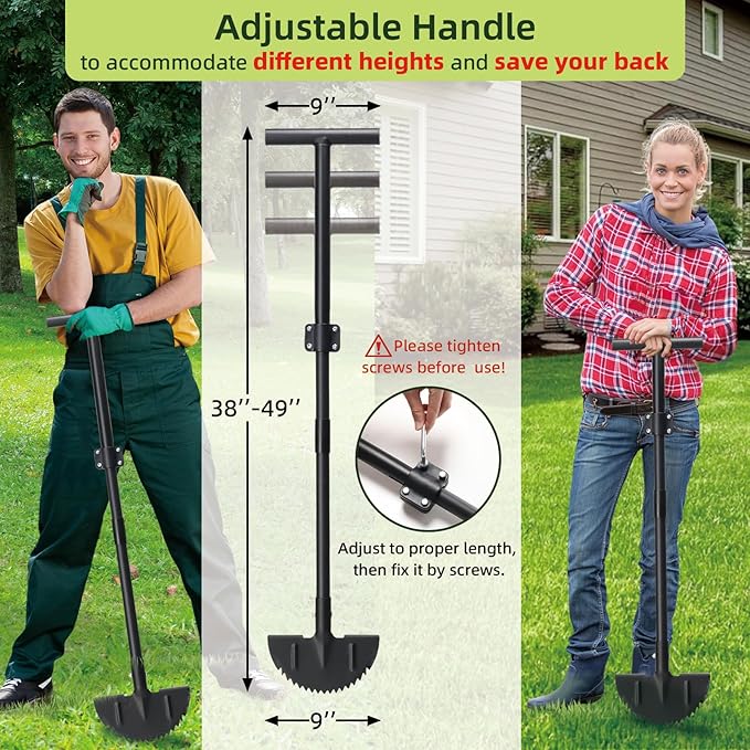 Half Moon Edger Lawn Tool - Heavy Duty Saw Tooth Manual Edgers with Sharp Blade & Wide Footplate, 38"-49" Adjustable T-Grip Handle for Landscaping, Sidewalks, Yard,Grass,Flower Bed & Garden Edging