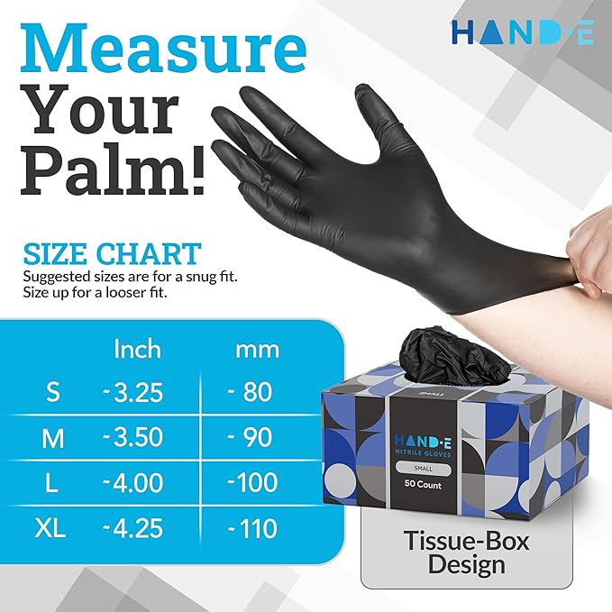 Hand-E Touch Black Nitrile Disposable Gloves Small, 50 Count - BBQ, Tattoo, Hair Dye, Cooking, Mechanic Gloves - Powder and Latex Free