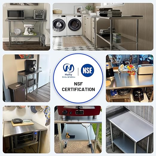 Hally Stainless Steel Table for Prep & Work 14 x 36 Inches, NSF Commercial Heavy Duty Table with Undershelf and Backsplash for Restaurant, Home and Hotel