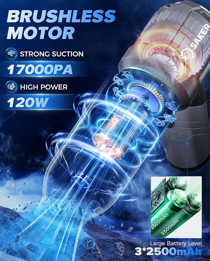 Saker Car Vacuum Portable Cordless, Foldable Mini Handheld Vacuum Cordless and Air Duster 17000PA High Power Vacuum Cleaners for Home,Cars,Office Cleaning HL133 Silver