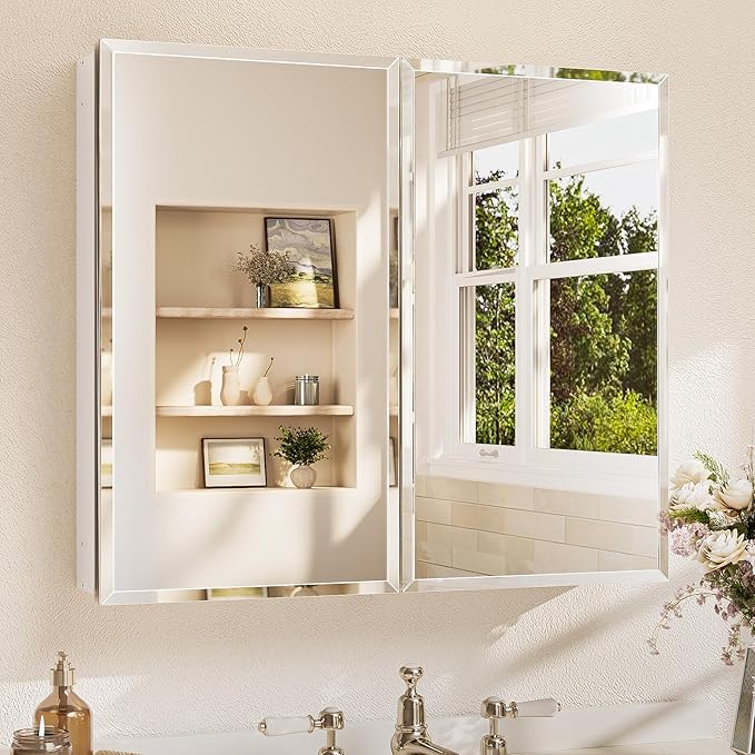 TETOTE 30 x 26 Bathroom Mirror with Storage with Tempered Beveled Mirror Silver Medicine Cabinet Aluminum Cabinet DTC Hinges, Stepless Adjustable Shelves, Recessed/Surface-Mounted