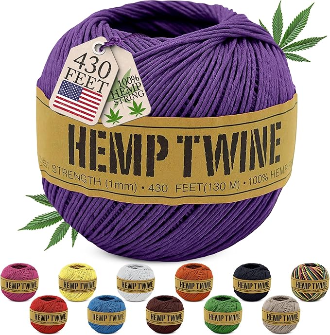 Hemp Twine for Gardening - Twine for Crafts - Organic Natural Hemp String for Jewelry Making - Strong Durable Cord for Decoration, Macrame + Cooking - 1MM, 100G/430 Ft. - 20 lb. Test Strength - Purple