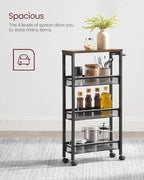 VASAGLE Slim Rolling Cart, 4-Tier Narrow Storage Cart with Handle, 5.1 Inches Deep, Metal Frame, for Kitchen, Dining Room, Living Room, Home Office, Rustic Brown and Classic Black ULRC032B01V1
