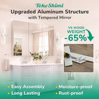TokeShimi 16x26 Farmhouse Medicine Cabinet Recessed or Surface Mount Aluminum, Tempered Mirror with Adjustable Storage, Silver Bathroom Mirror Medicine Cabinet Frameless Metal Modern