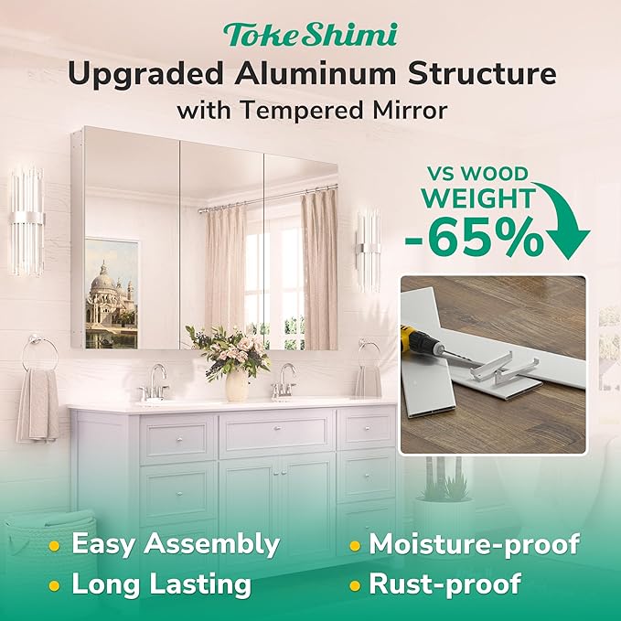 TokeShimi 16x26 Farmhouse Medicine Cabinet Recessed or Surface Mount Aluminum, Tempered Mirror with Adjustable Storage, Silver Bathroom Mirror Medicine Cabinet Frameless Metal Modern