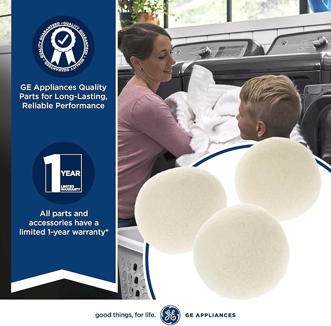 GE Appliances Wool Dryer Balls, XL Reusable Natural Fabric Softener Made of 100% Pure New Zealand Wool, Set of 3