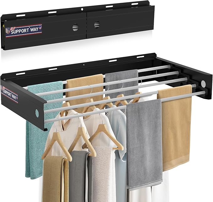 Foldable Wall Mounted Drying Rack, 30'' Wide Aviation Aluminum Laundry Clothes Rack Collapsible with 5 Rods, 100LB Capacity, Pull Out Design Towel Drying Rack for Laundry Wall (Black, 30")