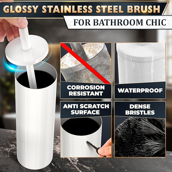 Stainless Steel Toilet Brush and Holder Set White - Long Handle Toilet Bowl Cleaner Brush and Holder - Removable Inner Liner, Shiny Design, Splash Protection & Dense Bristles for Bathroom Cleaning