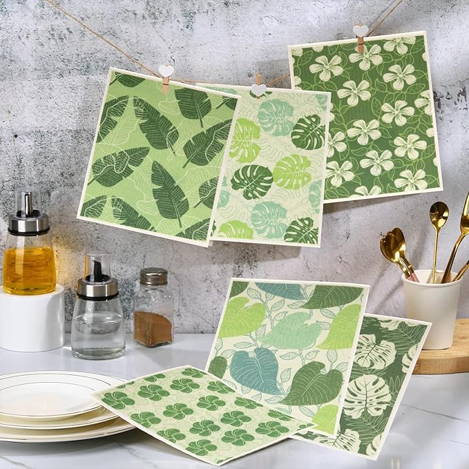 6 - Pack Swedish Kitchen Dish Cloths - Reusable Paper Towels for Counters & Dishes - Eco Friendly Cellulose Sponge Cloth - Assorted (Botany)