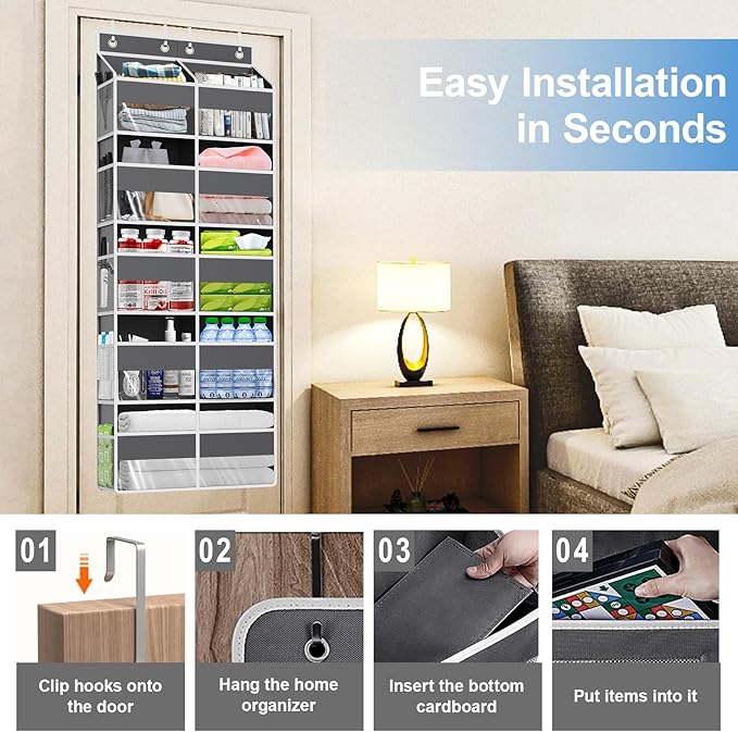 Over The Door Organizer Multi Pocket,5 Tier Large Hanging Shelf for Storage Kids Toys, Diapers, Clothes,Yarn,Heavy Duty Behind Door Storage for Bedroom Bathoom Nursery Closet Pantry,Gray