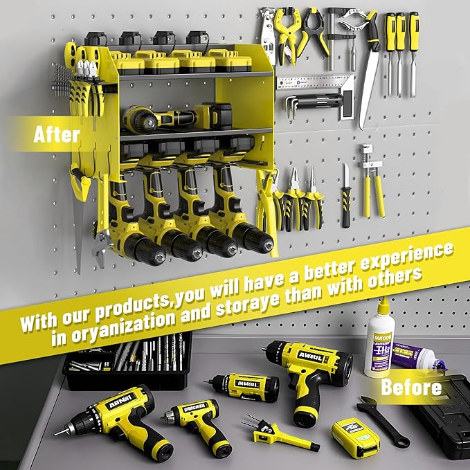 Heavy Duty Drill Holder & Power Tool Organizer Wall Mount, Metal Cordless Tool Organizer for Cordless Drill, Accessory Holder Rack (3L4D WITH CHARGING STATION (YELLOW), With Charging Station)