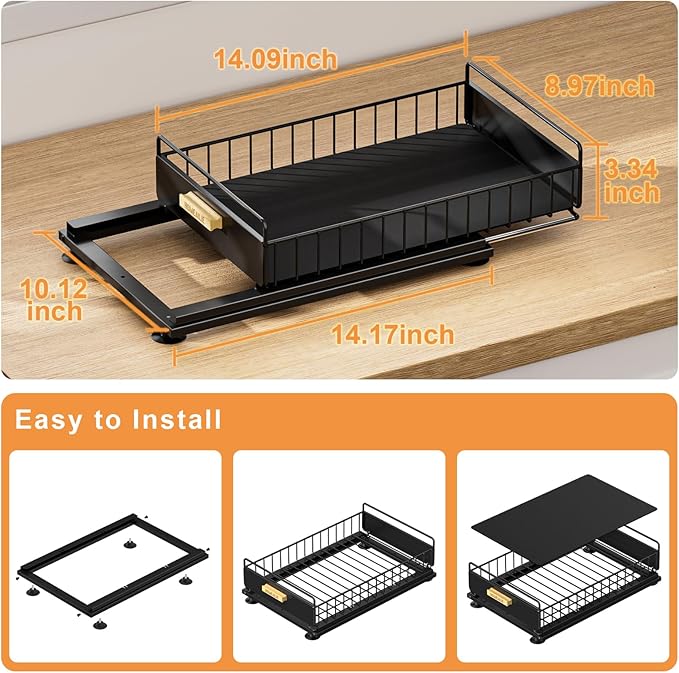 Under Sink Organizer, Single Tier Metal Pull Out Sliding Drawer Shelf for Kitchen Bathroom Cabinet Storage, Sturdy Rack – Black