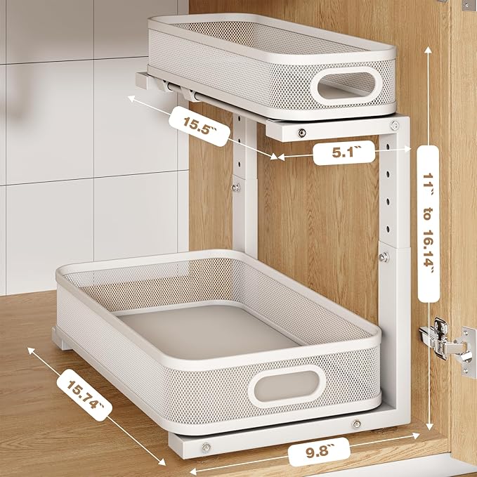 1 Pack 15.7IN-Depth Under Sink Organizer With Smooth Cylindrical Rail,2-Tier Pull Out Multi-Purpose Cabinet Storage for Bathroom&Kitchen,Height Adjustable,Rust-resistant Coating-White