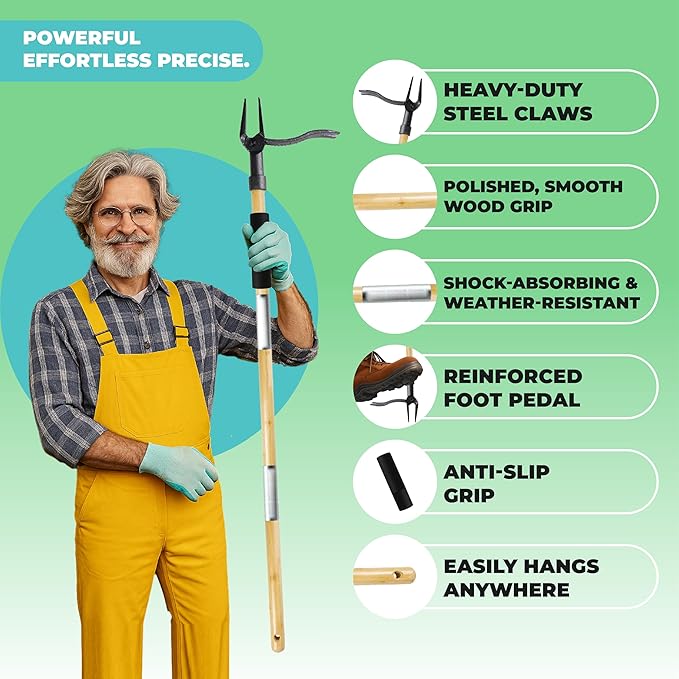 Weed Puller Tool, Stand Up Heavy Duty Weed Remover with Long Bamboo Handle, 4 Claw Steel Head Garden Weeding Tool, Crabgrass & Root Puller for Easy Lawn Weed Removal Without Bending or Kneeling.