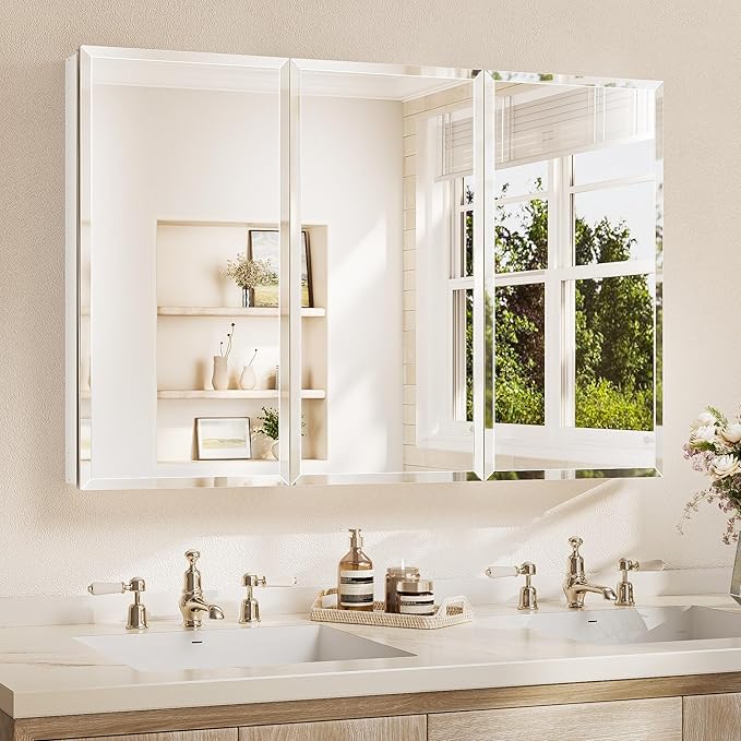 TETOTE 48 x 32 Medicine Cabinet with Tempered Beveled Mirror White Medicine Cabinet with Mirror Aluminum Cabinet DTC Hinges, Stepless Adjustable Shelves, Recessed/Surface-Mounted
