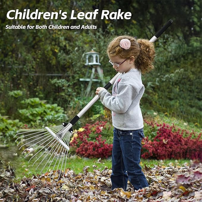 Adjustable Garden Leaf Rake for Leaves 68 inch Garden Tools Set, Leaf Bag and Gloves, Long Handle Stainless Steel Metal Heavy Duty Rake for Yard Lawn Shrub Garden Beds