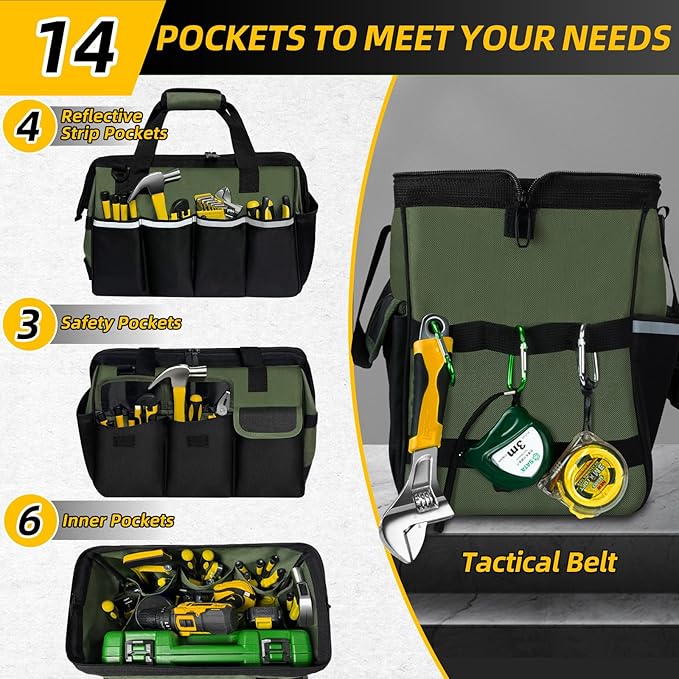 Tool Bag, Portable Tool Box Organizer Adjustable Shoulder Strap, Carry Tool Tote Heavy Duty Tool Storage Bag With Wide Mouth,Tool Bags for Men Mechanic EngineerGift - M, Army Green & Black