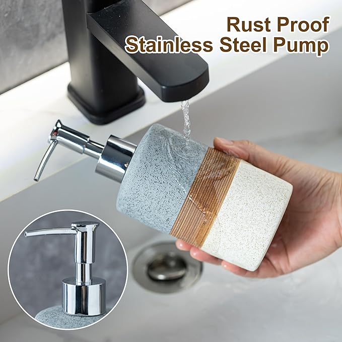 Ceramic Soap Dispenser Set(2 Pack) – Hand Soap, Dish Soap, Shampoo & Shower Soap Dispenser for Bathroom & Kitchen, Stainless Steel Pump, Includes Silicone Funnel & Diatomaceous Tray, Gray