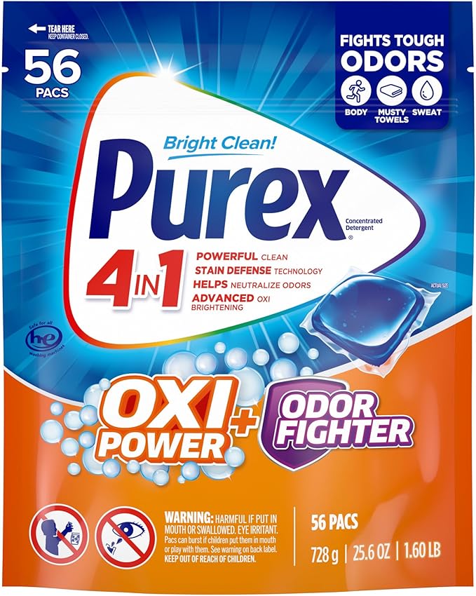 Purex 4-in-1 Laundry Detergent Pacs, Oxi Power + Odor Fighting, Powerful Clean, Stain Defense Technology, Helps Neutralize Odors, Advanced Oxi Brightening, Boost of Freshness