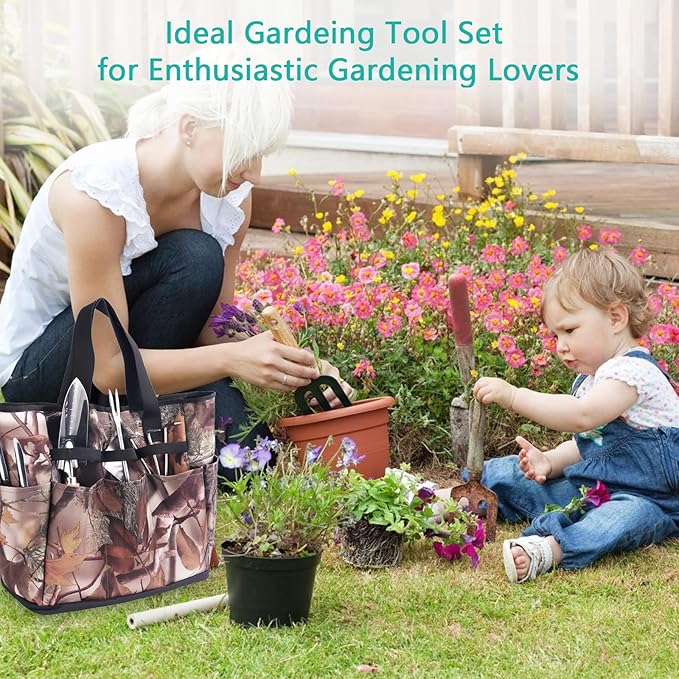 Garden Tool Set, 7 Pcs Floral Gardening Set for Women Leaf Camouflage Gardening Kit with Garden Tool Bag, Trowel, Weeder Fork, Hand Rake, Pruning Shears, Cultivator, Transplanter