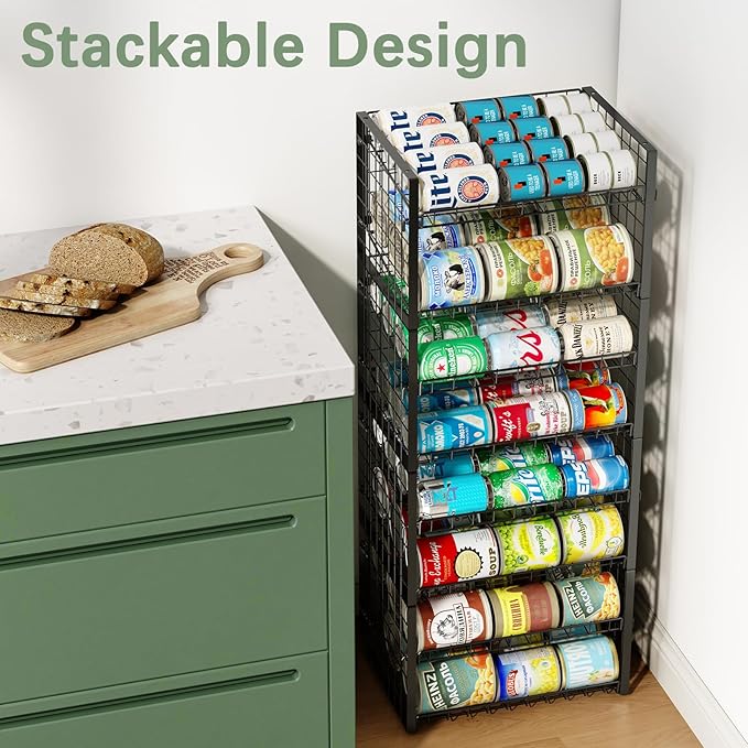 JKsmart 2-Tier Stackable Can Rack Organizer for Pantry, Adjustable Can Dispenser Holds Up to 62 Cans, Can Storage Holder for Various Ounces of Canned Food Soda Drinks, Black, 2 Pack (Petent Pending)