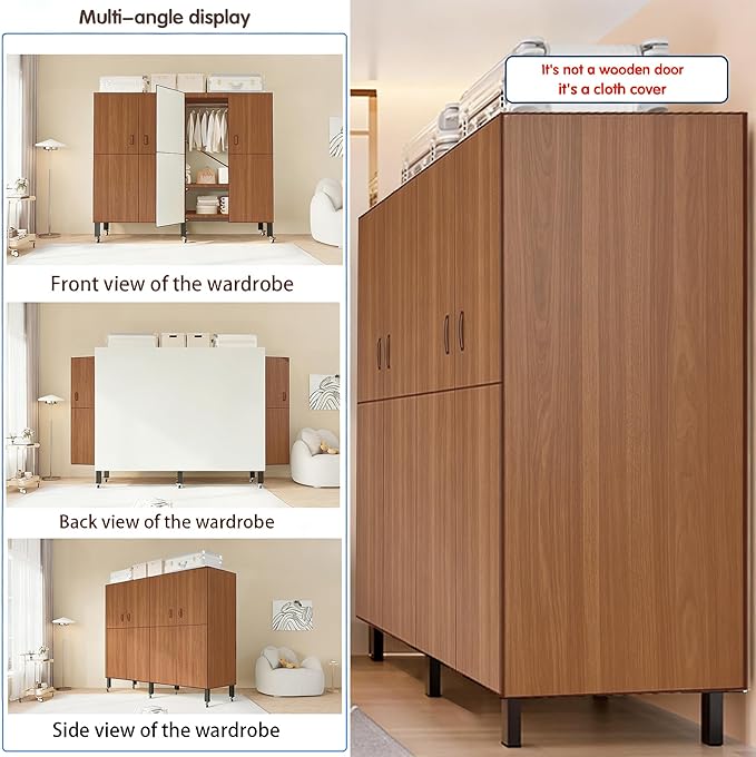 Heavy Duty Covered Clothes Rack with Magnetic Door Foldable Portable Wardrobe Closet for Hanging Clothing Rolling Black Metal Garment Rack on Wheels Closet System (Dragon Sandalwood, 58.9in)