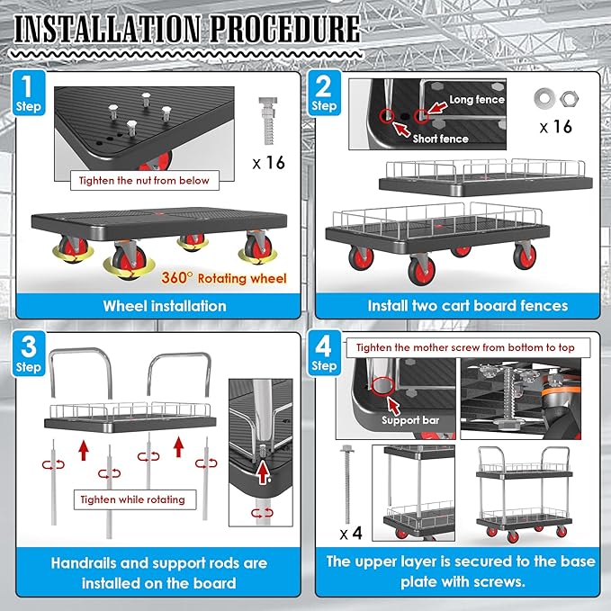 2 Shelf Utility Service Cart- 660lbs Capacity Heavy-Duty Plastic Rolling Utility Carts with 4 of 360° Swivel Wheels and Handle, Large Service Cart for Groceries,Warehouse,Garage 34.6''x 22.8''