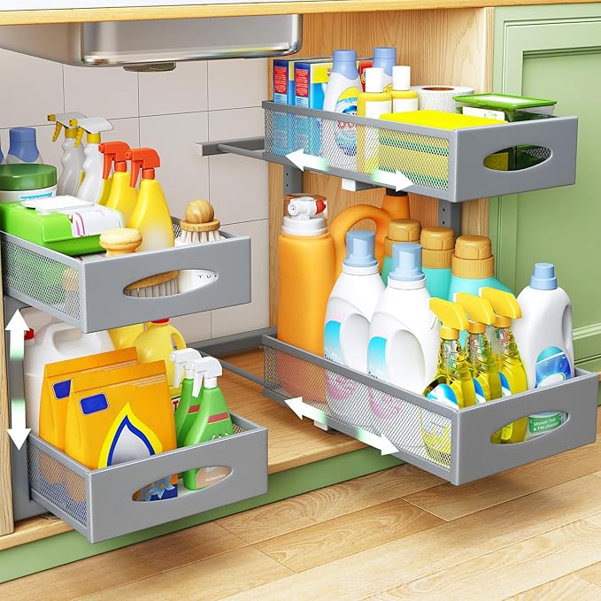 Under Sink Organizer, 2 Pack 2 Tier Pull out Cabinet Organizer Baskets with Mesh Sliding Drawers, Slide out Sink Storage Shelves for Home, Kitchen, Bathroom, Pantry, Office Organizers and Storag,Grey