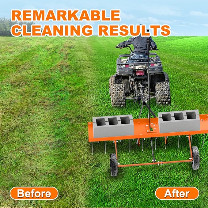 40" Tow Behind Lawn Dethatcher, Pull Behind Rake with 24 Rust-Proof Tines and Heavy Tires, Lawn Tractor Rake with Lift Handle, Tow Behind Rakes to Remove Thatch, Leaves from Large Lawn Area