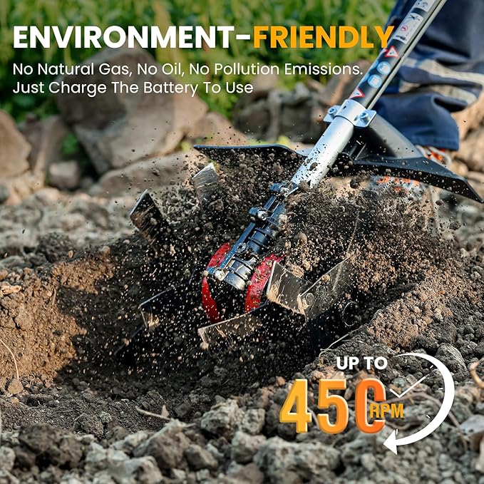 Cordless Tiller Cultivator, 21V 450RPM Electric Tiller with Battery Level Display, 2 * 4.0Ah Batteries & Charger, Tiller for Gardening, Lawn, Soil (Cultivation Width 10"/ Depth 9")