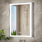 24x32 Lighted Medicine Cabinet with Mirror, Beveled Brushed Nickel Framed Surface or Recessed Fogless Dimmable LED Medicine Cabinet with Outlet, Time Display & Sensor Inner Light(Right Hinge)