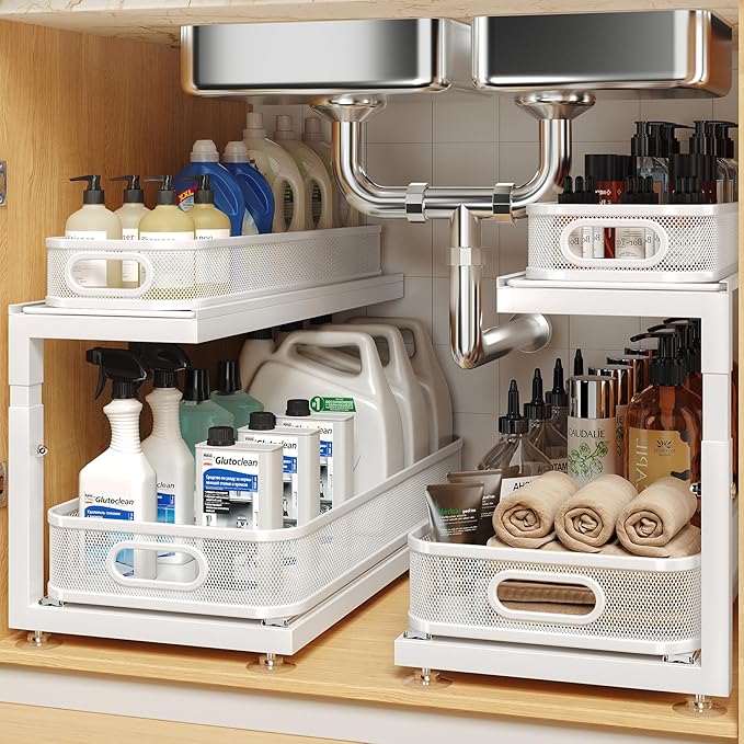 2-Pack 21.3 IN Depth Under Sink Organizer With Next-Gen Ball-Bearing Slides,Sophisticated Mesh 2-Tier Pull Out Shelf for Kitchen & Bathroom,Fits Small Items-White(Patented)