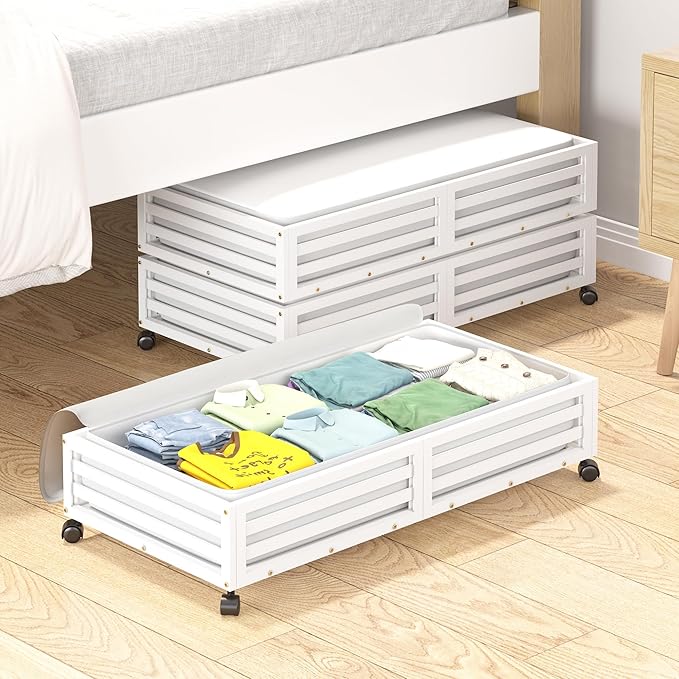 Bamboo Under Bed Storage Containers- Underbed Organizer with Wheels with Large Capacity Dust Bag,Sturdy Wood Rolling Under Bed Shoe Storage Organizer 2 Packs (White, 1 Packs (23.62"×16.54"))