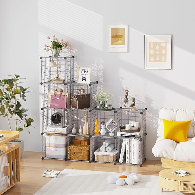 C&AHOME Wire Cube Storage, 12 - Cube Organizer Metal C Grids, Modular Shelves Units, Closet Organizer, Ideal for Home, Office, Living Room, 36.6”L x 12.4”W 48.4”H, Silver Gray UWCS3012G