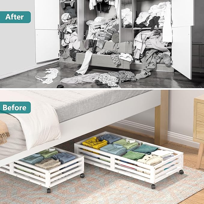 Bamboo Under Bed Storage Containers- Underbed Organizer with Wheels with Large Capacity Dust Bag,Sturdy Wood Rolling Under Bed Shoe Storage Organizer 2 Packs (White, 1 Packs (23.62"×16.54"))