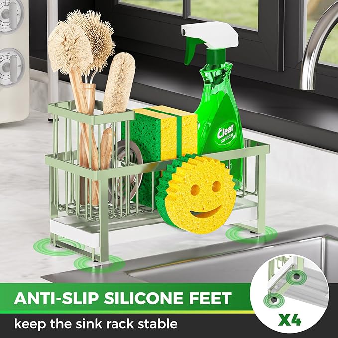 Sponge Holder for Kitchen Sink,Sink Caddy with Removable Dish Brush Holder,Self-Draining Kitchen Countertop Organizers and Storage Essentials,Soap Dispenser Organize and Home Decor-Green