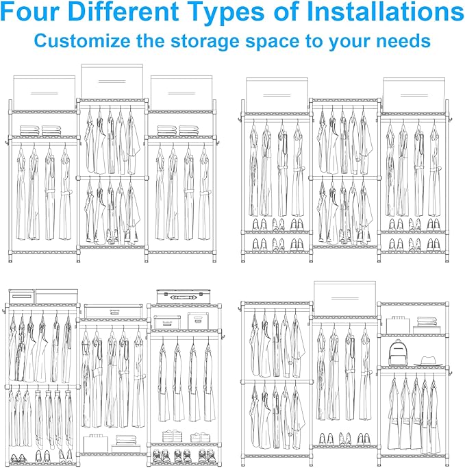 Ulif E13 Pro Heavy Duty Clothes Rack（With 4 Hanger Rods & 8 Shelves） Freestanding Clothing Racks for Hanging Clothes，Adjustable Closet，Metal Garment Rack 75" W x16 D x77 H，Max Load 1000LBS，White