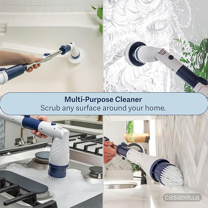 Casabella Power Spin Scrubber, Extendable to 47.5” – Cordless Electric Cleaner for Shower, Kitchen, Bathroom, Tile, Tub, Car, Deck - Rechargeable Spin Brush with Adjustable Brush Head & 4 Attachments
