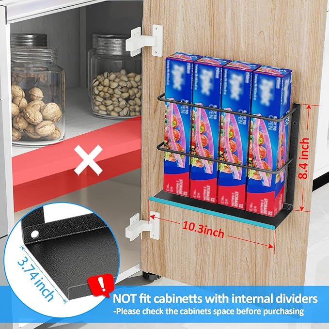 2 Pack Kitchen Wrap Organizer Door Mount, Aluminum Foil Holder Cabinet Door Organizer Cabinet Storage Basket for Kitchen Wrap/Food Bag Storage, Black