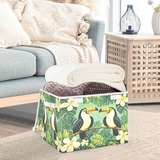 Large Storage Bins with Linen Collapsible Foldable Storage Cubes Fabric Closet Organizer Containers box Flip-Top Lid for Home Bedroom Office 16.7 x 12.6 x 11.8in (Bird Flower Leaves Green Pattern)