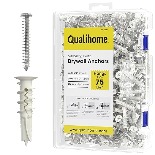 #8 Self Drilling Drywall Plastic Anchors with Screws - No Pre Drill Hole Preparation Required - 75 Lbs (200 Pack)