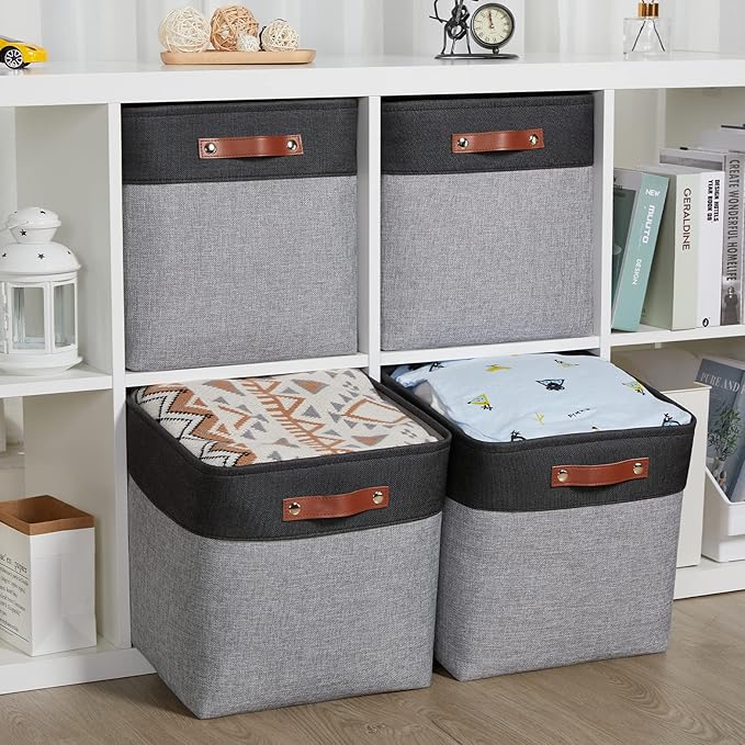 HNZIGE 13x13x13 Storage Baskets (4 Pack) Large Fabric Storage Cubes for Shelves, Storage Cube Bins for Gift with Leather Handles for Home, Kids Room, Closet (White&Black)