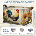 Retro Rooster Storage Basket with Handles,Chicken Sunflower Collapsible Rectangle Organizer Bin for Room Decoration Books Box Baskets 17x11.5x10Inch