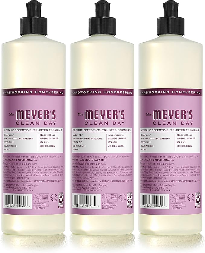 MRS. MEYER'S CLEAN DAY Liquid Dish Soap, Biodegradable Formula, Peony, 16 Fl. Oz - Pack of 3