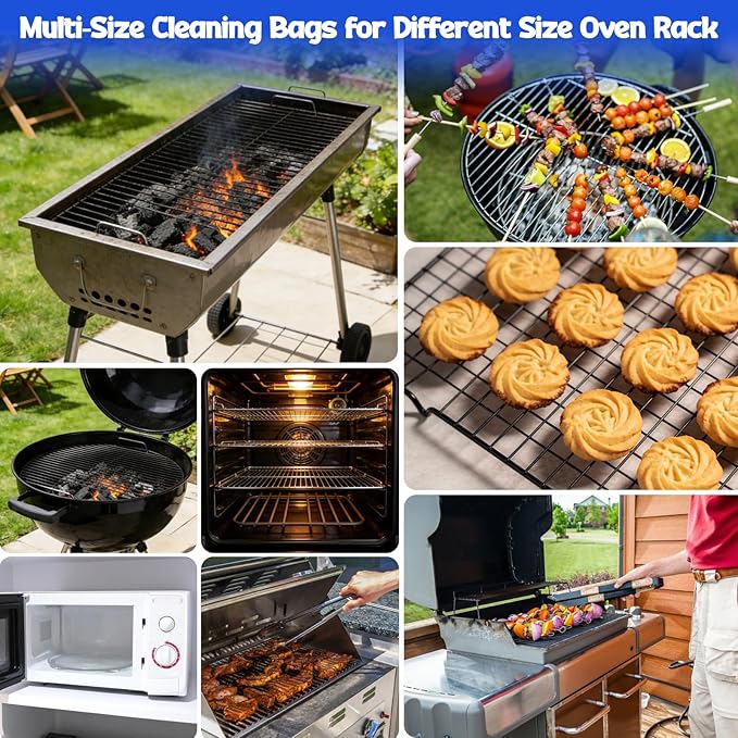 Juome Oven Rack Cleaning Bags, 4 Pack Reusable No Scrub Oven Rack Cleaning Bags Kit with 6 Gloves & 1 Brush, Leak Proof PE Cleaner Bags (19.7 * 27.5 inch) for Deep Soaking BBQ Racks, Grill Grates