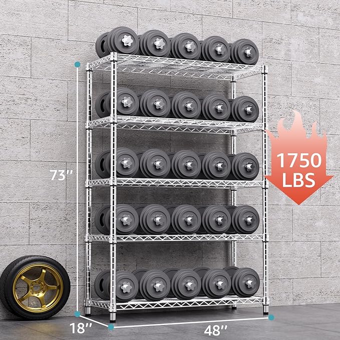 1750 LBS Storage Shelves 5-Tier Utility Shelving Unit Steel Organizer Wire Rack for Home,Kitchen,Office,Garage, Capacity 17.7" D x 47.2" W x 72.3" H